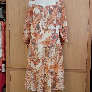 +SZ NWT Figueroa And Flower SZ 1X LS Orange Floral Cinched Waist Dress
